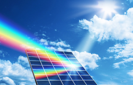 Solar energy panel collector reflecting sunlight spectrumの写真素材