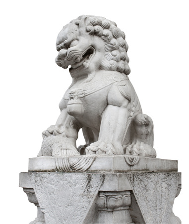 Chinese stone lion statue on base isolatedの写真素材