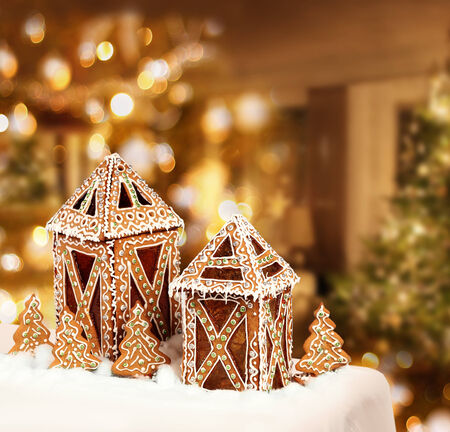 Gingerbread cookies cottages Christmas tree room の写真素材