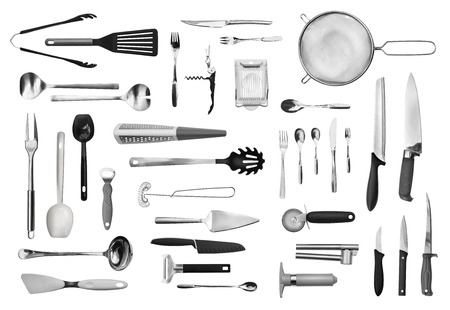 Realistic kitchen equipment and cutlery collection isolated on whiteの写真素材