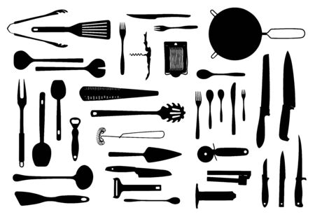 Kitchen equipment and cutlery silhouette collection isolated on whiteの写真素材