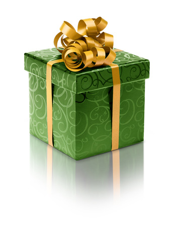 Stylish green present box with golden ribbon bowの写真素材