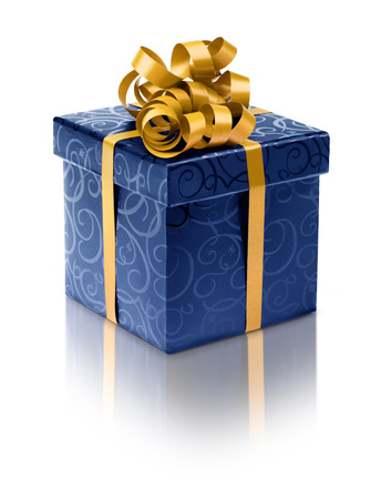 Stylish blue present box with golden ribbon bowの写真素材