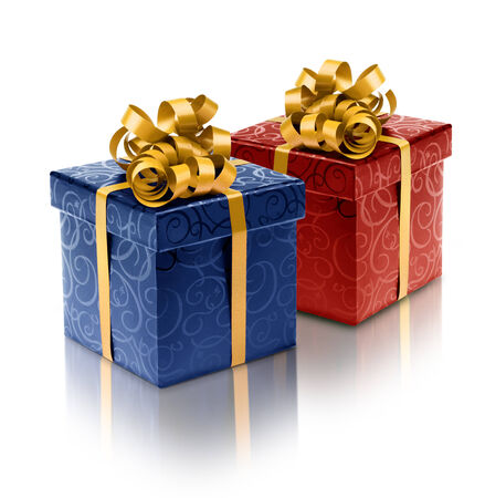 Red and blue present boxes with golden ribbon for him and herの写真素材