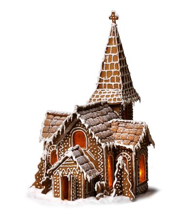 Gingerbread cookies Christmas church isolated on white backgroundの写真素材
