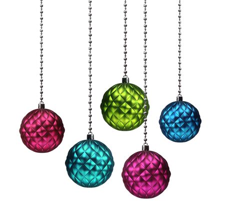 Colorful Christmas glass decoration balls isolated on white backgroundの写真素材