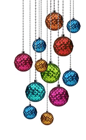 Group of colorful Christmas glass decoration balls isolated on white backgroundの写真素材