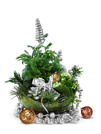 Modern Christmas green decoration arrangement isolated on whiteの写真素材