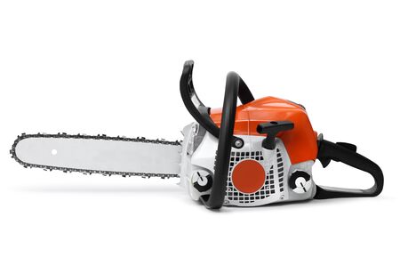 Modern new chain saw side view isolated on whiteの写真素材