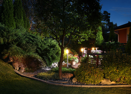 Illuminated home garden evening patio lights illuminationの写真素材