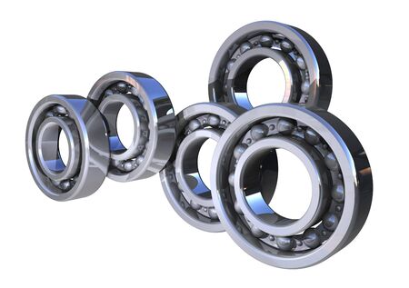 Shiny 3d ball bearings rolling isolated on white backgroundの写真素材