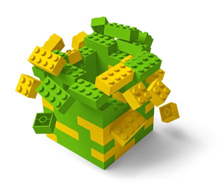 Toy building blocks fortress tower collapsing 3D isolated on whiteの写真素材