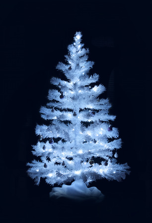 White Christmas decoration tree shining blue light on dark backgroundの写真素材