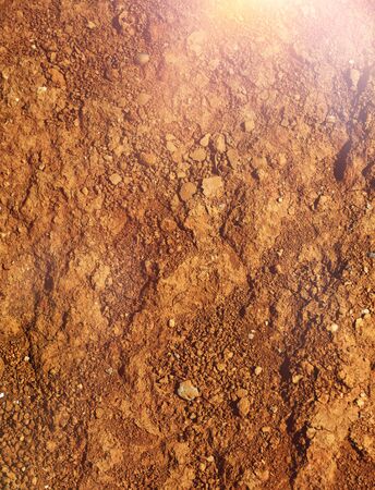 Hot and dry agricultural red brown soil detail natural backgroundの写真素材