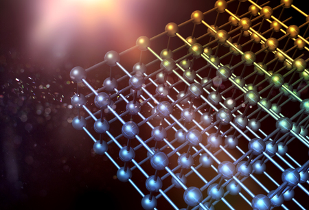 Nanotechnology particle 3D structure grid with atoms and bindings on dark backgroundの写真素材