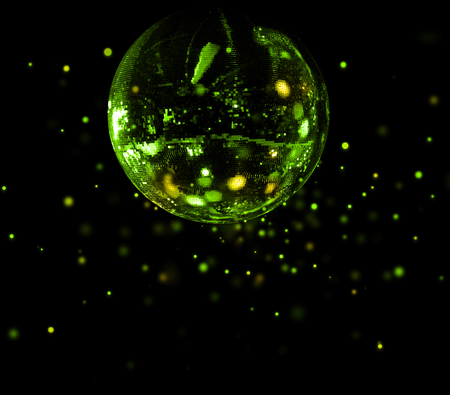 Colorful disco mirror ball flying green light spots backgroundの写真素材