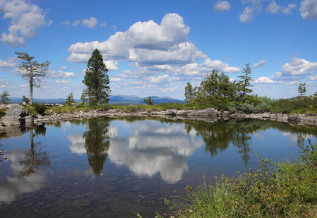 Small pond on Sarkitunturi fell top reflects the blue sky and white cloudsの写真素材