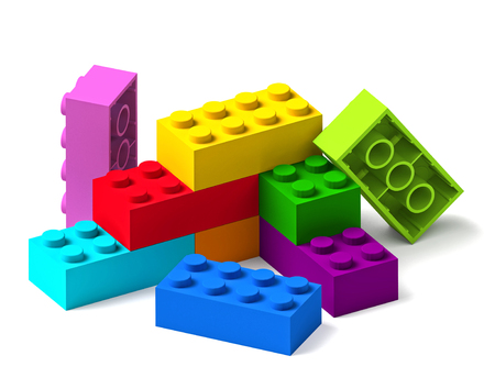 Starting to build from rainbow color building toy blocks 3D isolated on white backgroundの写真素材