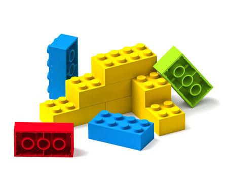 Starting to build something from colorful building toy blocks 3D isolated on whiteの写真素材