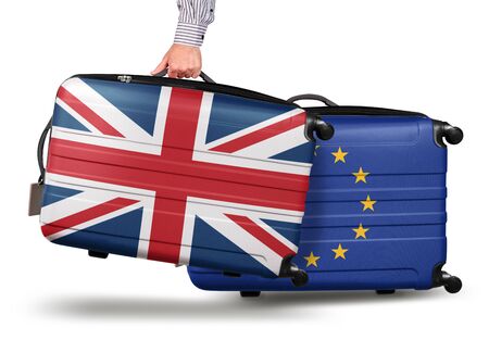 Hand holding modern suitcase Union Jack design. leaving EU isolated on white Brexit conceptの写真素材