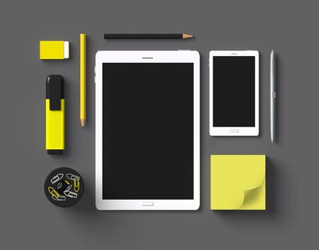 Essential office supplies set 3D on grayの写真素材