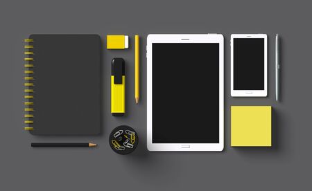 Essential office supplies accessory equipment set 3D on dark gray backgroundの写真素材