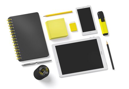 Essential office supplies accessory equipment set isolated 3D on white backgroundの写真素材