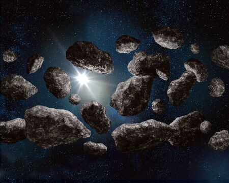 Inside asteroid belt in deep space on starfield backgroundの写真素材