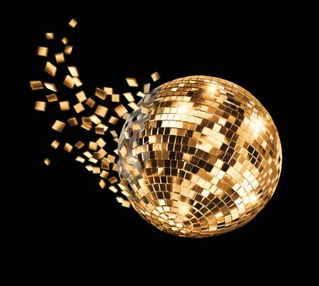 Vintage disco mirror ball breaking into golden flying glass fragments on black backgroundの写真素材