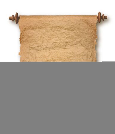 Old rolled blank parchment paper roll on white background, with drop shadowの写真素材