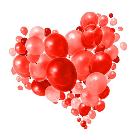 Warm red balloons flying in heart shape formation white backgroundの写真素材