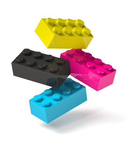 3D toy building blocks of four printing process cmyk colors cyan magenta yellow black flying in mid-airの写真素材