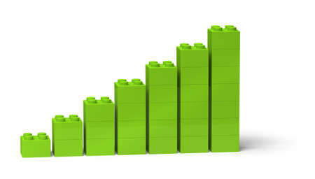 Bar chart diagram with green color showing steady growth 3d, isolated on whiteの写真素材