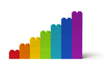 Bar chart diagram with rainbow colors showing steady growth 3d, isolated on whiteの写真素材