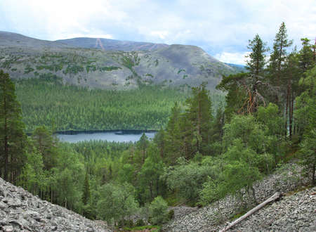 Northern Lapland green wilderness, fells and blue lake surrounded by forest seen from Pirunkuru Gorgeの写真素材
