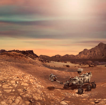 Illustration of Perseverance in the Planet Mars rocky landscape.の写真素材