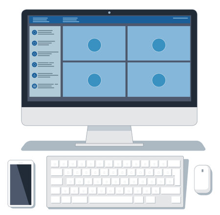 Remote business team members meeting via desktop application vector illustrationのイラスト素材