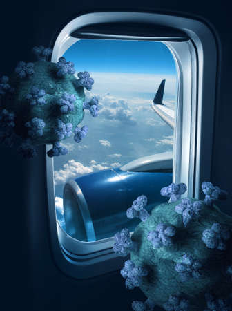 Viruses travelling by jet, view from aeroplane window high on the blue skiesの写真素材