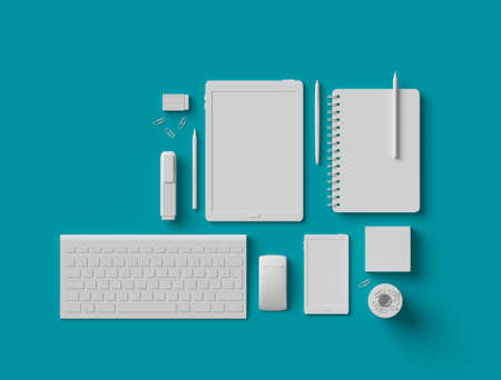 Blank essential office supplies accessory equipment dummies set 3D on turquoise blue backgroundの写真素材