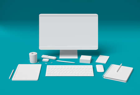 Blank essential office supplies, technology and accessory equipment dummies set 3D on turquoise blue backgroundの写真素材