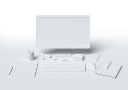 Blank essential office supplies, technology and accessory equipment dummies set 3D on white backgroundの写真素材