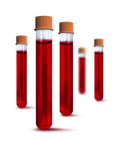 Test tubes full of blood, for medical laboratory analysis and corona virus test, isolated on white backgroundの写真素材