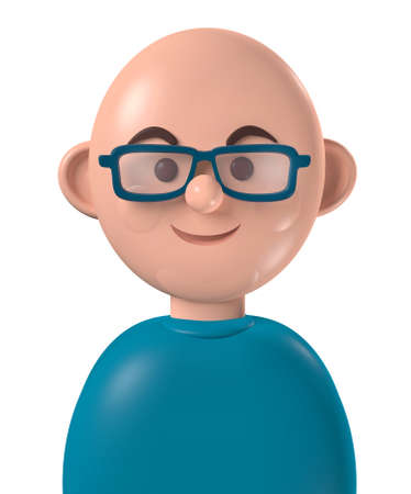 Cartoon character 3d avatar happy young bald white man with glasses, isolated on whiteの写真素材