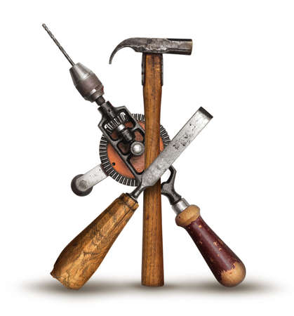 Realistic DIY old carpenter hand tools isolated on whiteの写真素材