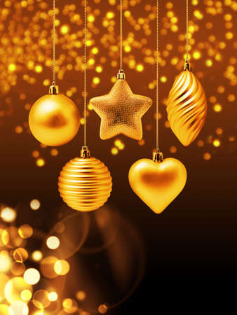 Golden Christmas decoration elements with gold bokeh and light spots on dark backgroundの写真素材