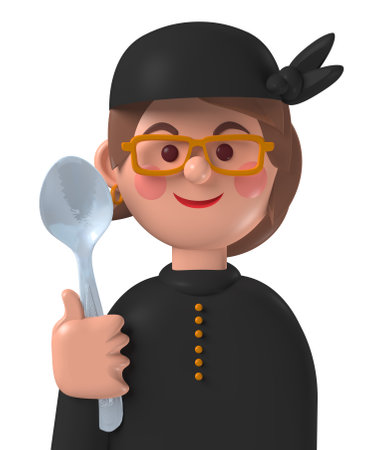 Cartoon character 3d avatar smiling caucasian female professional cook isolated on whiteの写真素材
