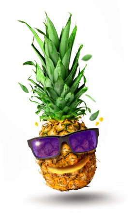 Funny tropical jumping pineapple fruit with sunglasses, holiday concept, isolated on white backgroundの写真素材