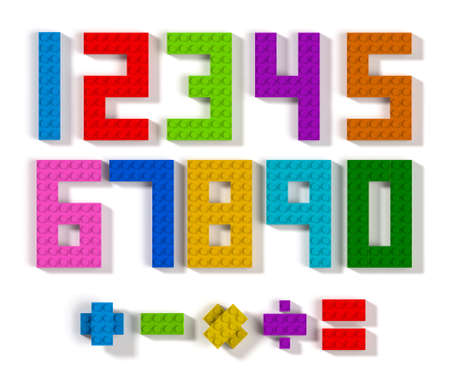Colorful toy building blocks numbers and mathematic operation symbols 3d top view isolated on white...