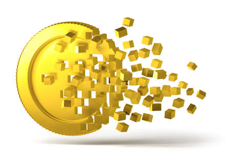 Crypto currency golden virtual money coin breaking into scattered digital pixel blocks, 3D cryptocurrency prices conceptの写真素材