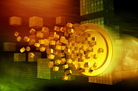 Blockchain technology digital money cryptocurrency mining scattering coin 3D conceptの写真素材